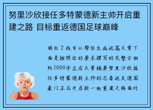 努里沙欣接任多特蒙德新主帅开启重建之路 目标重返德国足球巅峰