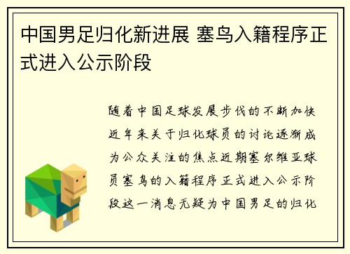 中国男足归化新进展 塞鸟入籍程序正式进入公示阶段